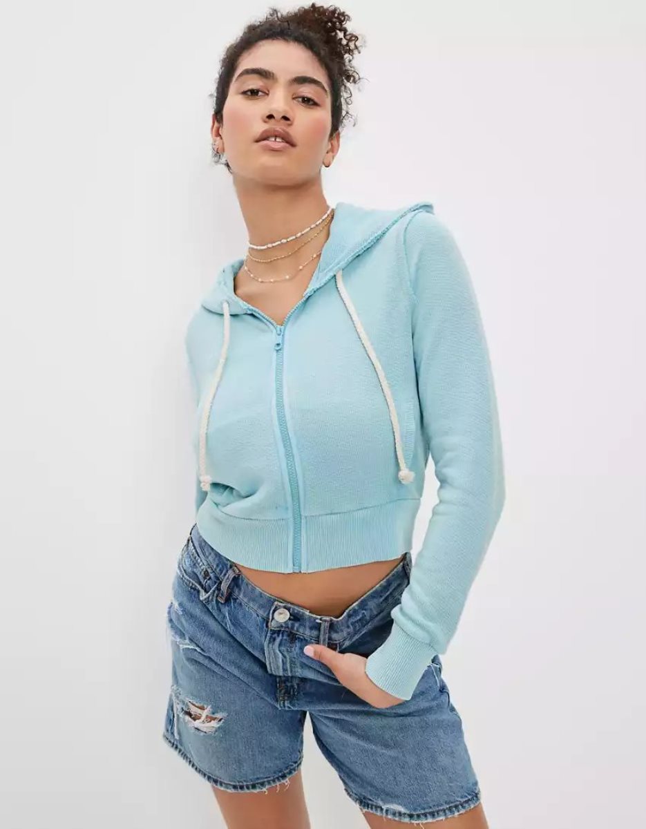 Sweat à Capuche American Eagle AE Sun Set Zip-Up Bleu Femme | BYF-07853706